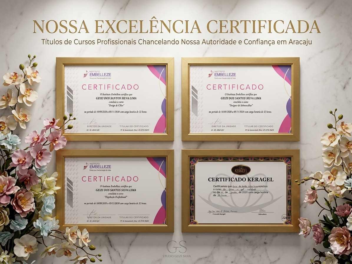Certificados profissionais de Geizi Silva: Design de Cílios, Design de Sobrancelhas, Depilação Profissional pelo Instituto Embelleze e Certificado Keragel